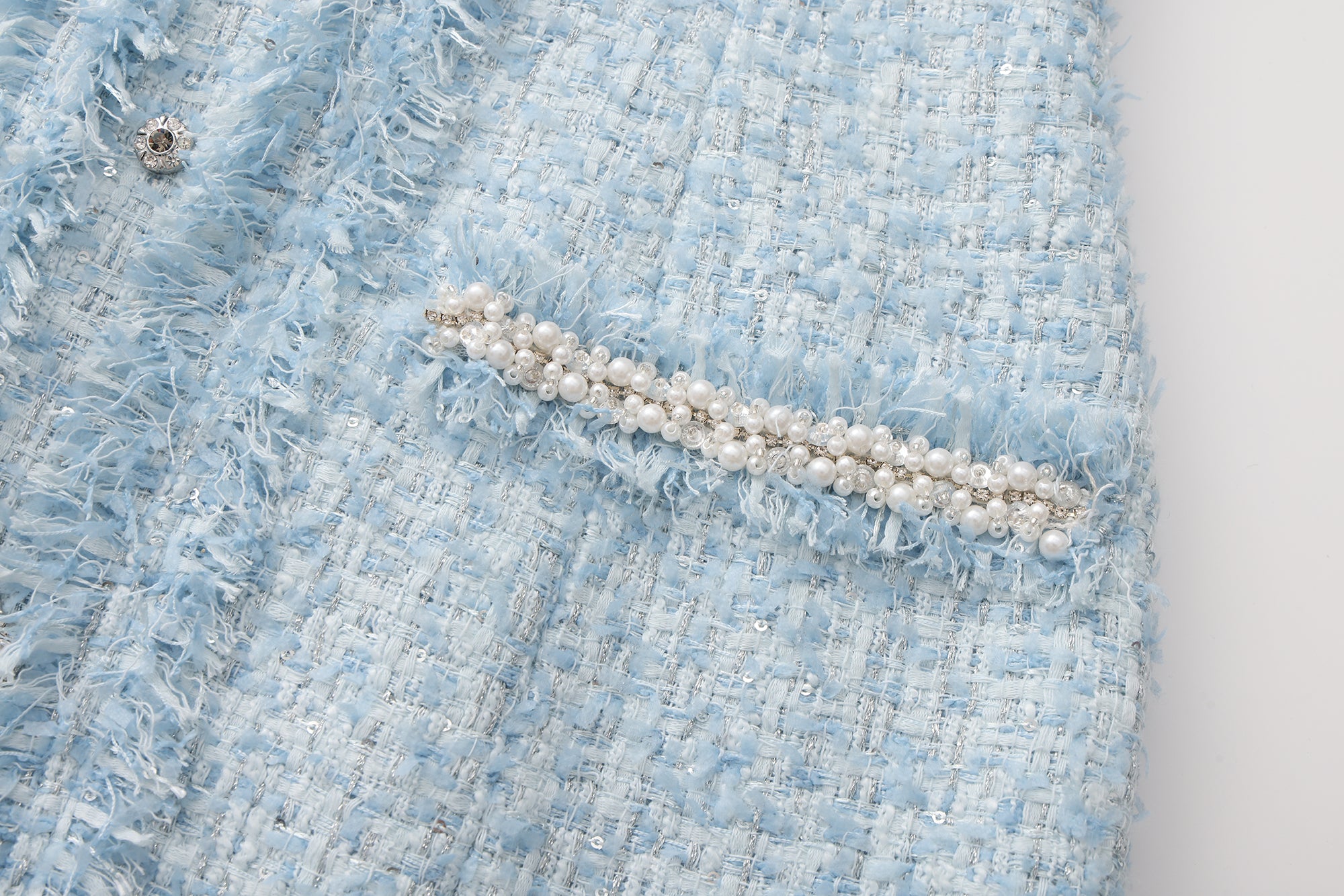 Blue Halter Beaded Tweed Dress