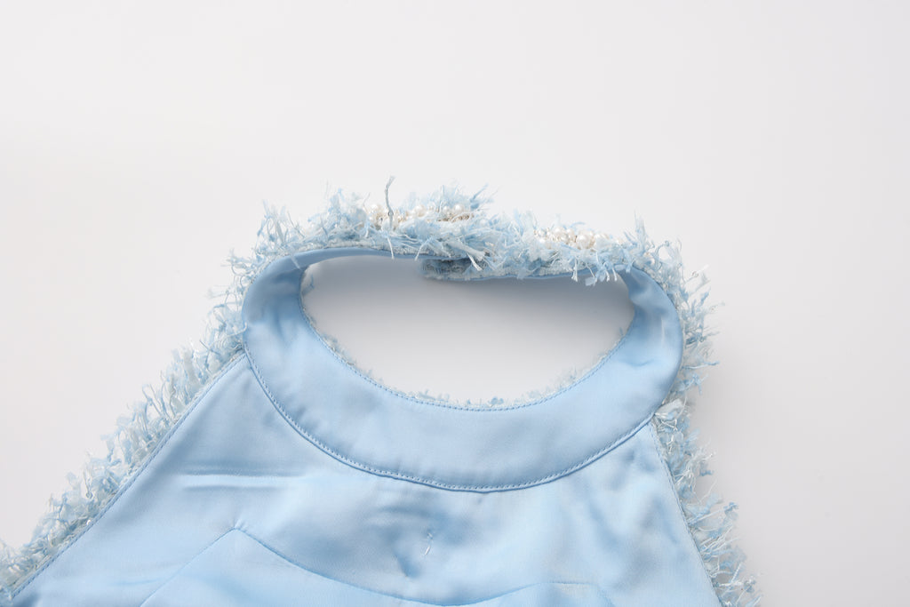 Blue Halter Beaded Tweed Dress