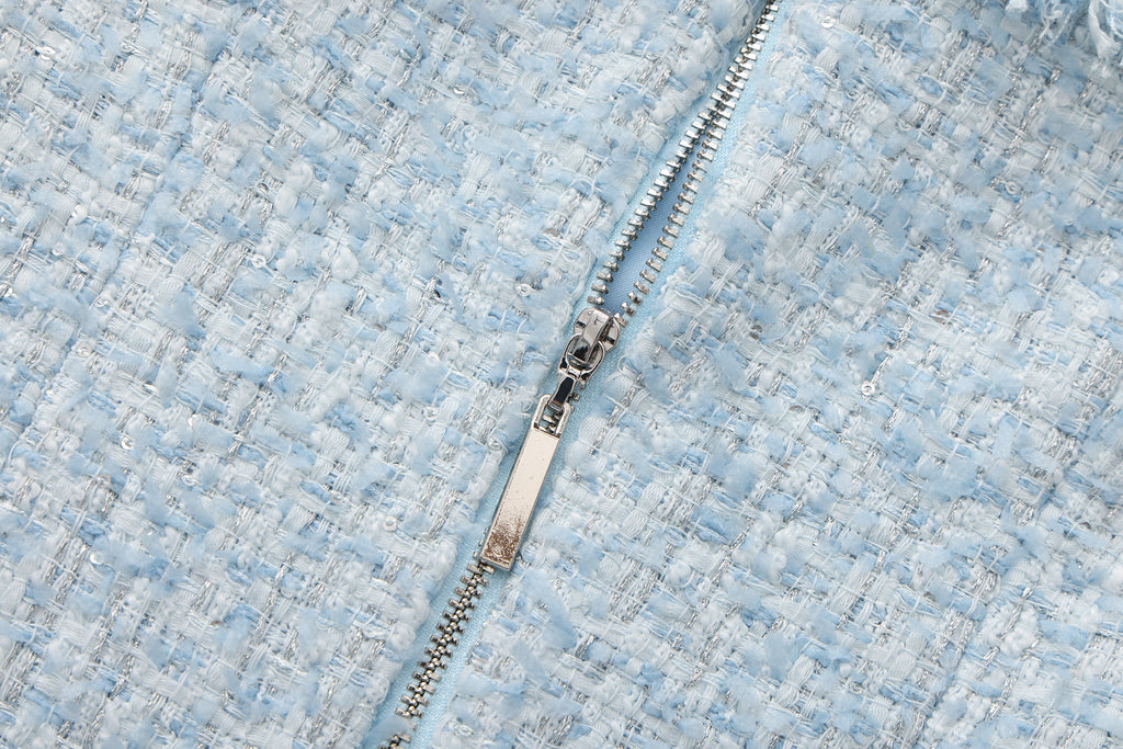 Blue Halter Beaded Tweed Dress