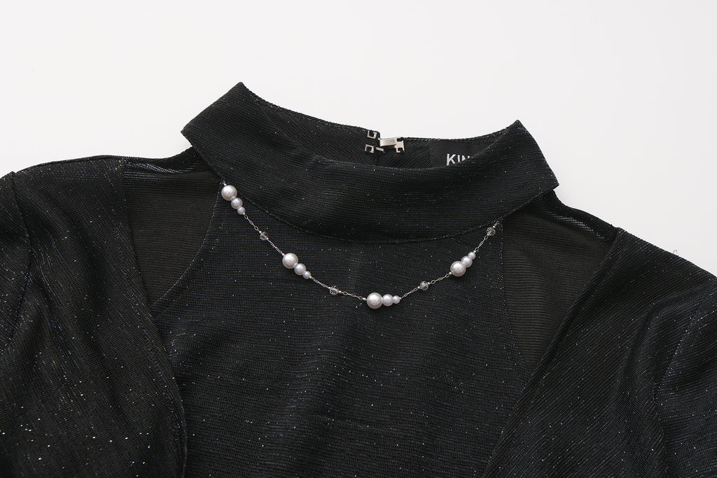 Black Bbeaded Mock-Neck False Two-Piece Top