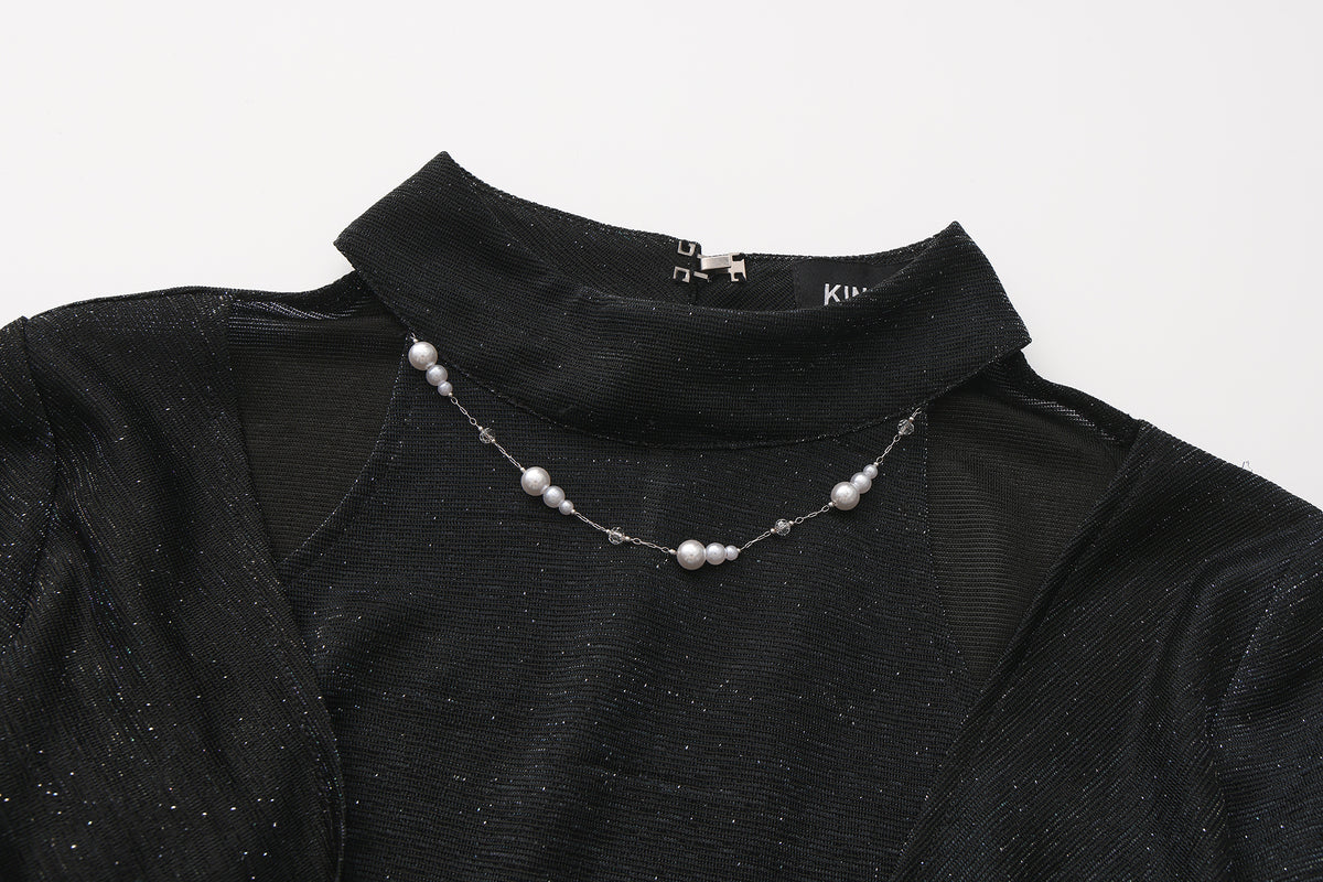 Black Bbeaded Mock-Neck False Two-Piece Top