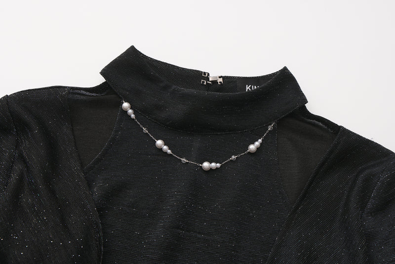 Black Bbeaded Mock-Neck False Two-Piece Top