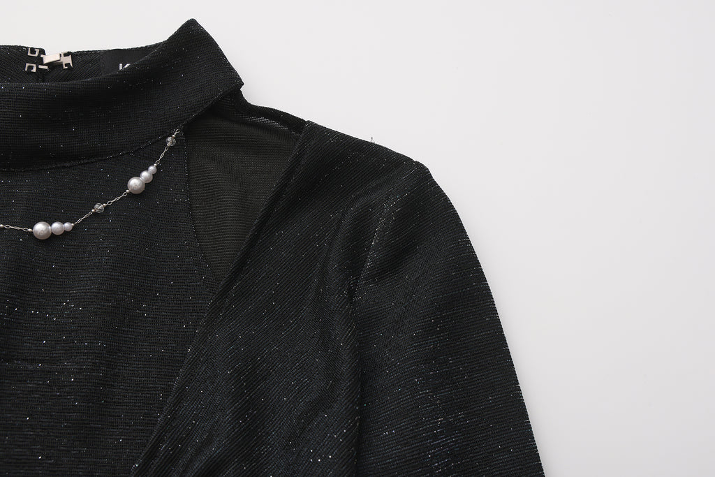 Black Bbeaded Mock-Neck False Two-Piece Top