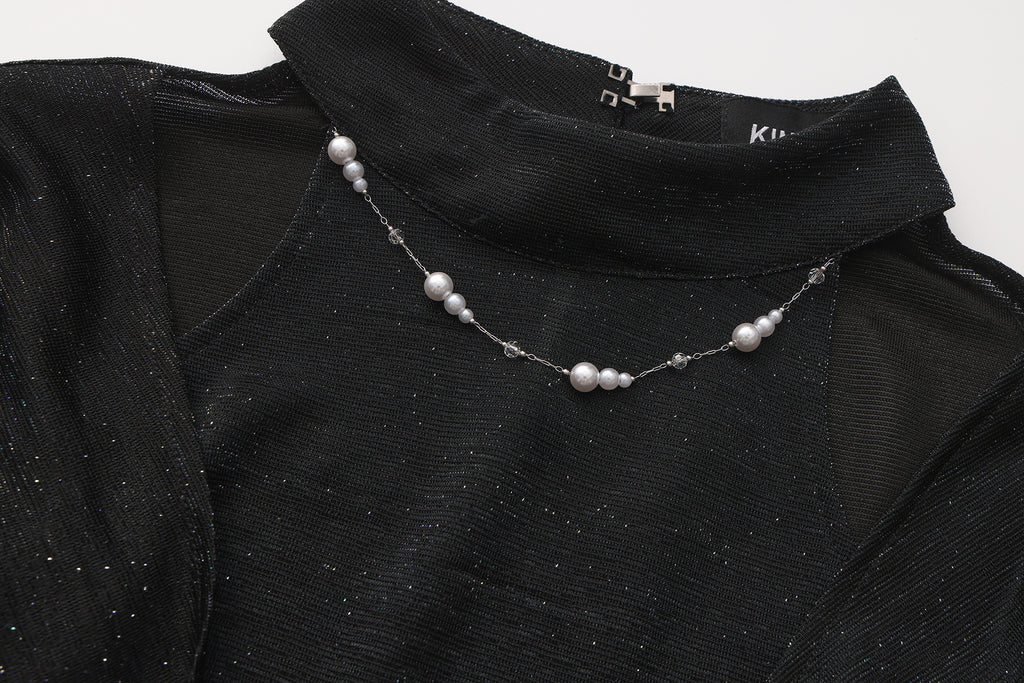 Black Bbeaded Mock-Neck False Two-Piece Top