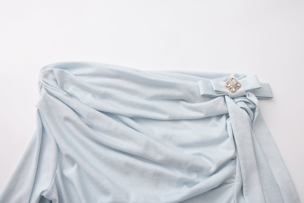 Blue Sloping Shoulder Pleated Bow Tie Ribbon Top