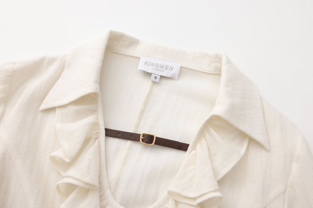 Beige V-Neck Blouse with Belt Buckle & Ruffle Trim