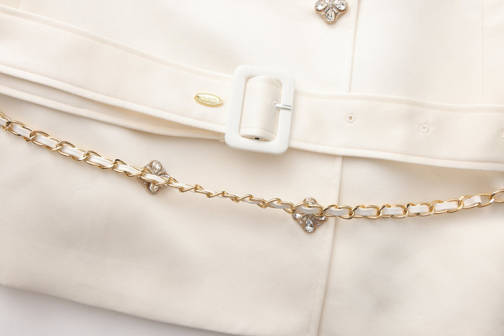 White Stand Collar Double-Breasted Chain Trench Coat