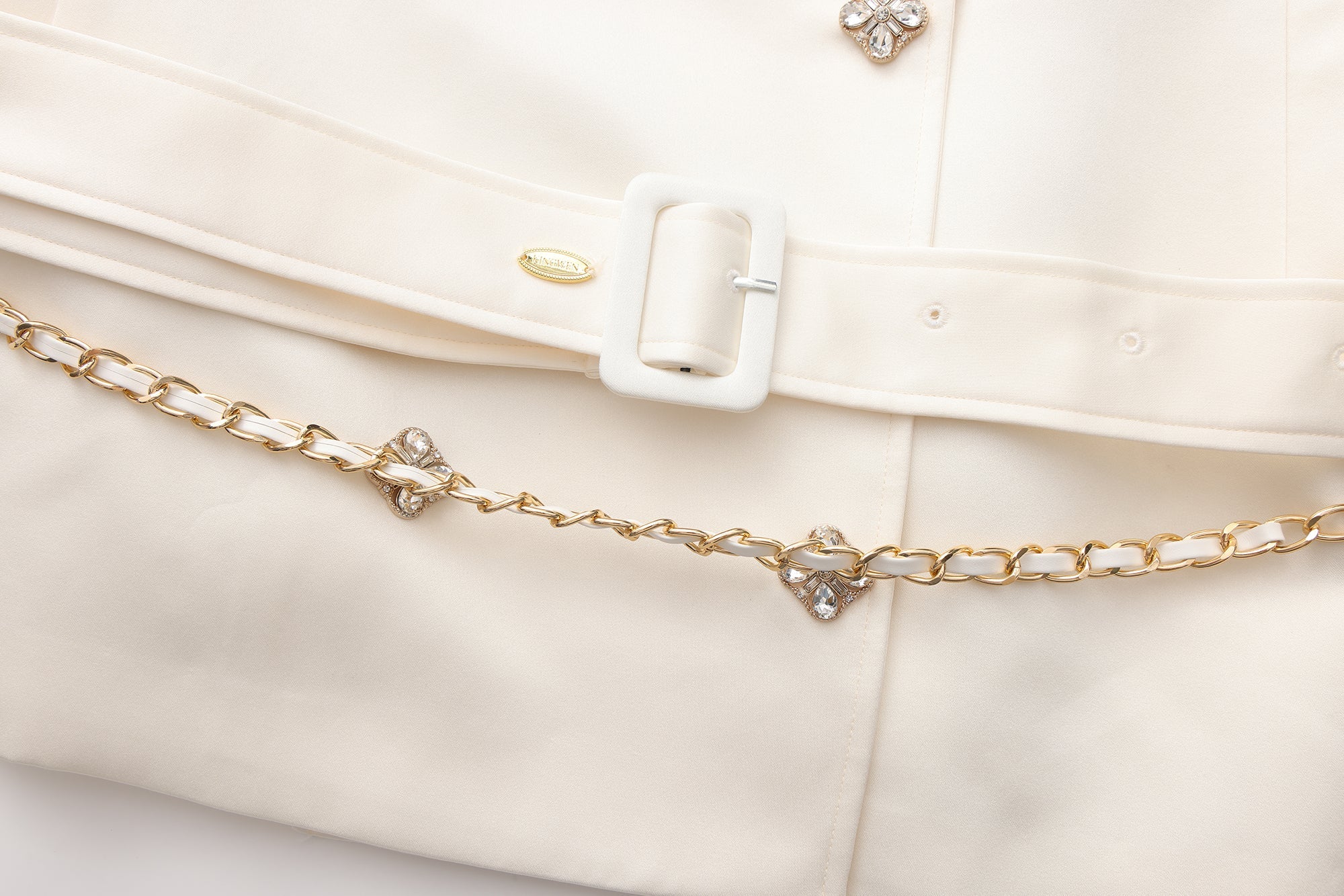 White Stand Collar Double-Breasted Chain Trench Coat
