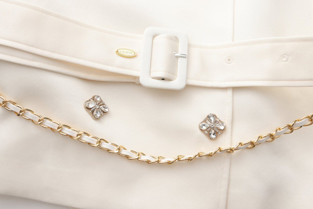 White Stand Collar Double-Breasted Chain Trench Coat