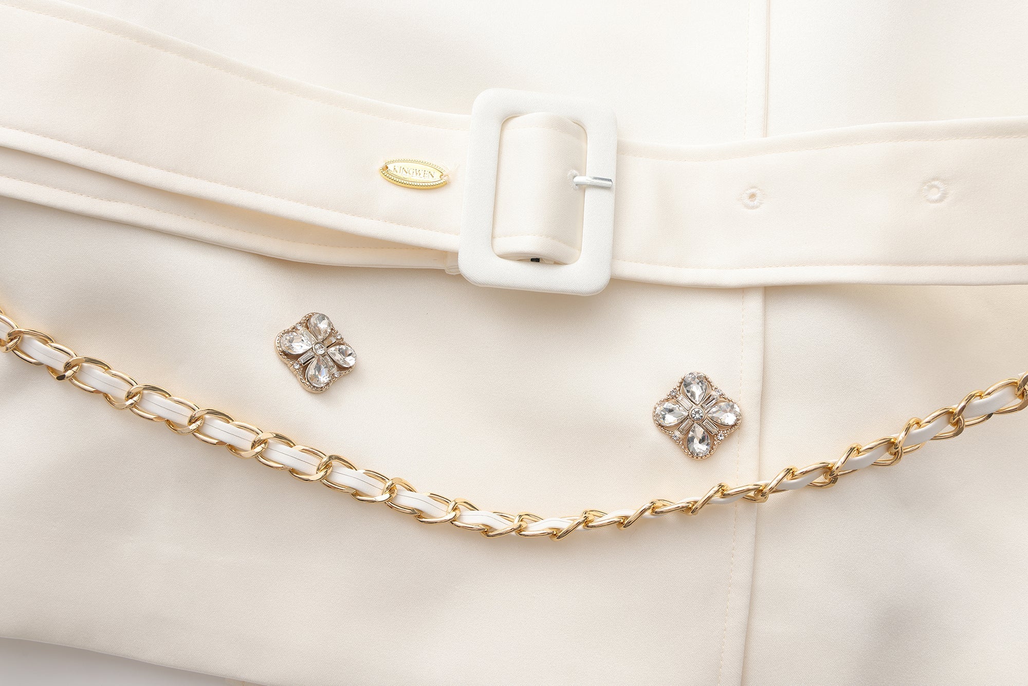 White Stand Collar Double-Breasted Chain Trench Coat
