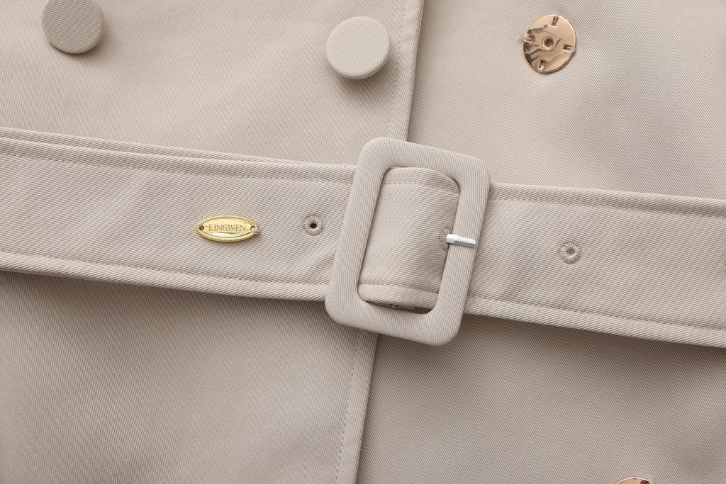 Light Grey Stand Collar Double-Breasted Chain Trench Coat