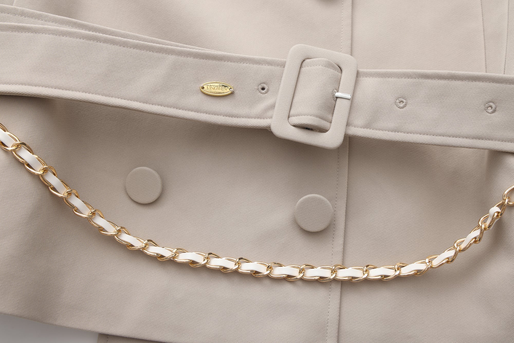 Light Grey Stand Collar Double-Breasted Chain Trench Coat