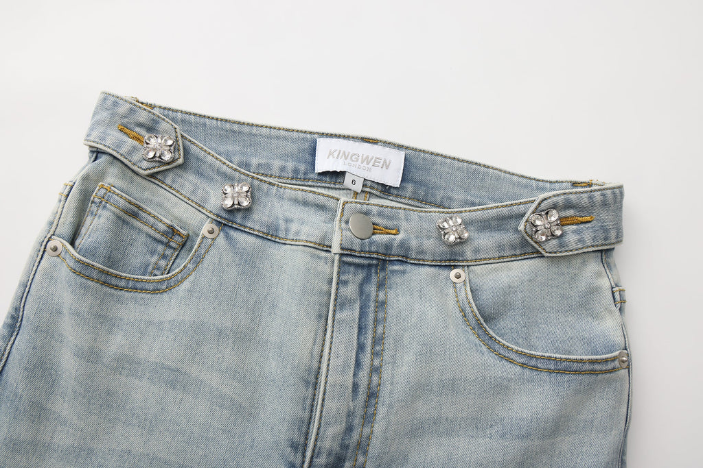 Light Blue Slim Fit Flare Jeans with Metal Buckle
