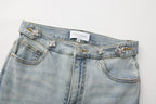 Light Blue Slim Fit Flare Jeans with Metal Buckle