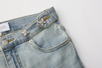 Light Blue Slim Fit Flare Jeans with Metal Buckle