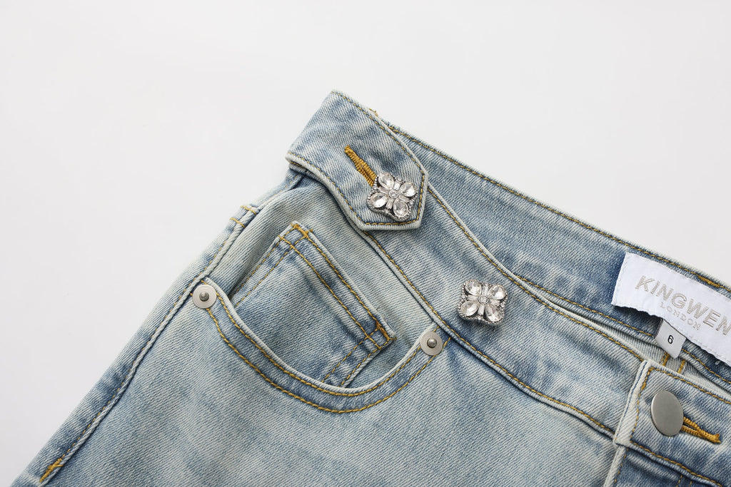 Light Blue Slim Fit Flare Jeans with Metal Buckle