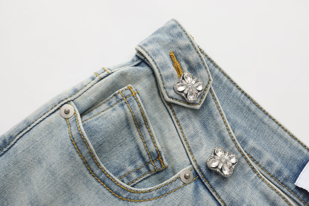 Light Blue Slim Fit Flare Jeans with Metal Buckle