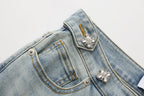 Light Blue Slim Fit Flare Jeans with Metal Buckle