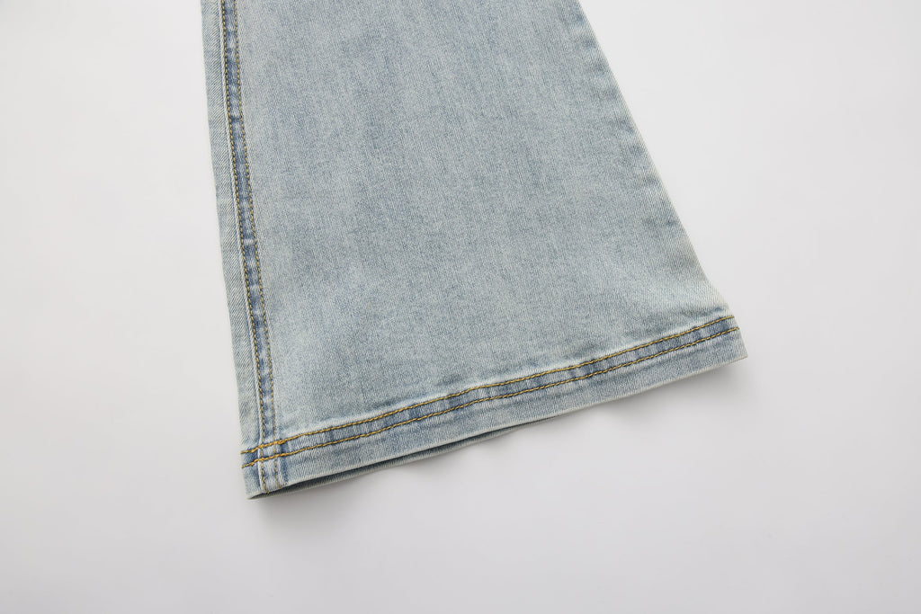 Light Blue Slim Fit Flare Jeans with Metal Buckle