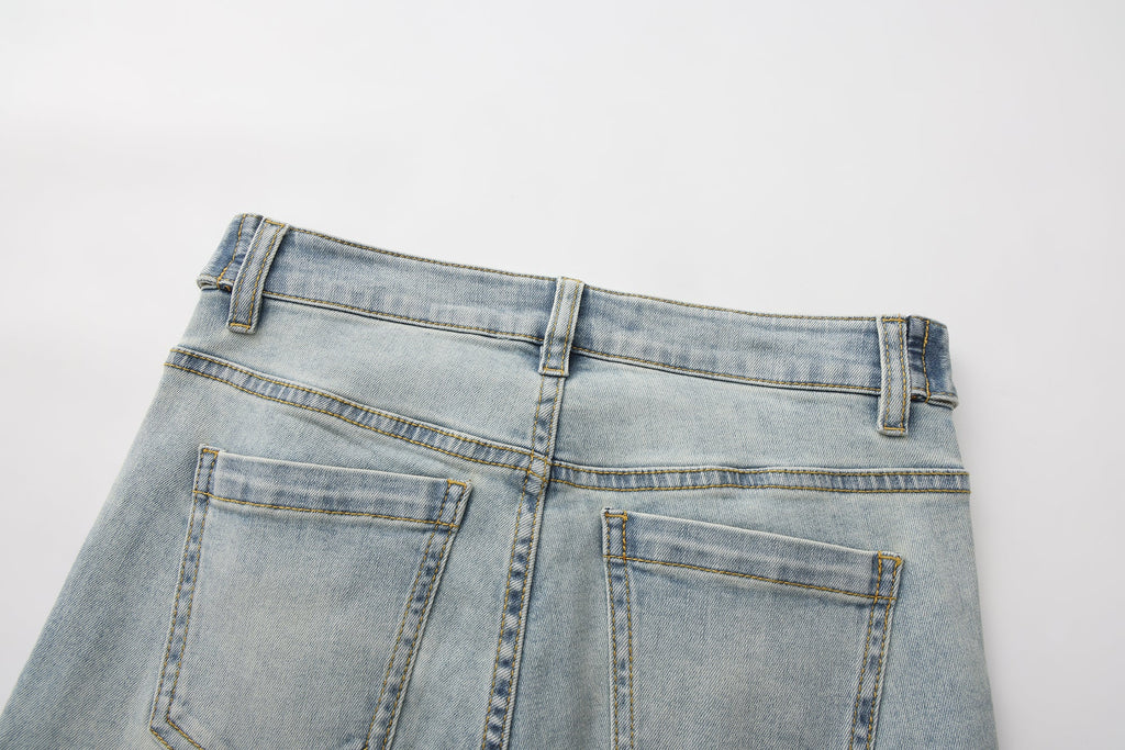 Light Blue Slim Fit Flare Jeans with Metal Buckle