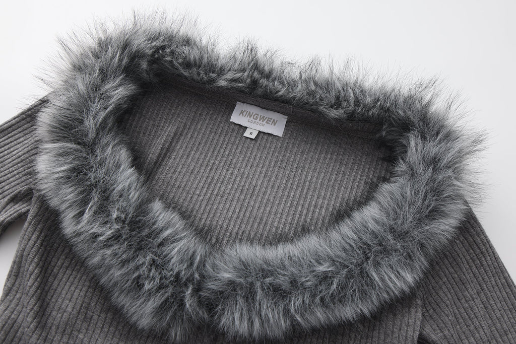 Grey Spliced Furry Collar Gold Button Cardigan