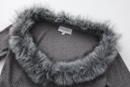 Grey Spliced Furry Collar Gold Button Cardigan