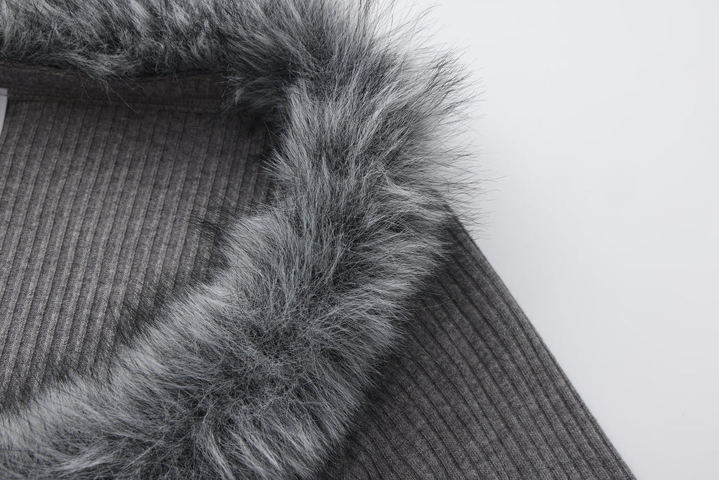 Grey Spliced Furry Collar Gold Button Cardigan