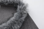 Grey Spliced Furry Collar Gold Button Cardigan