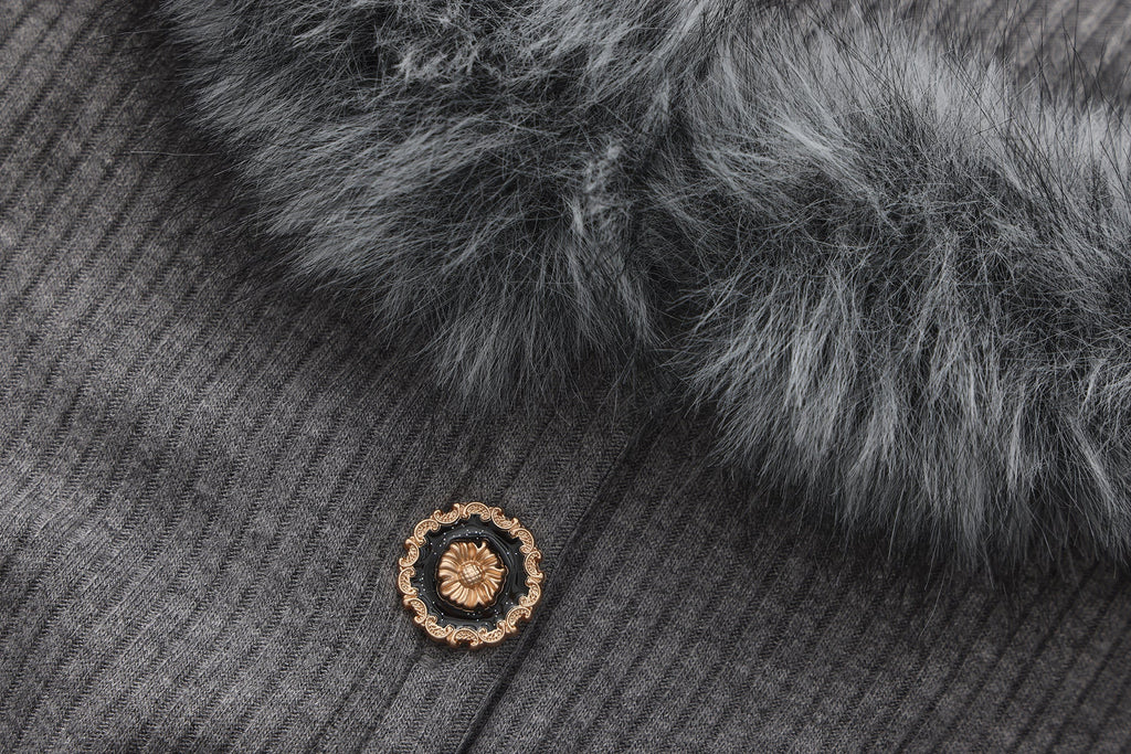 Grey Spliced Furry Collar Gold Button Cardigan