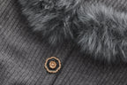 Grey Spliced Furry Collar Gold Button Cardigan