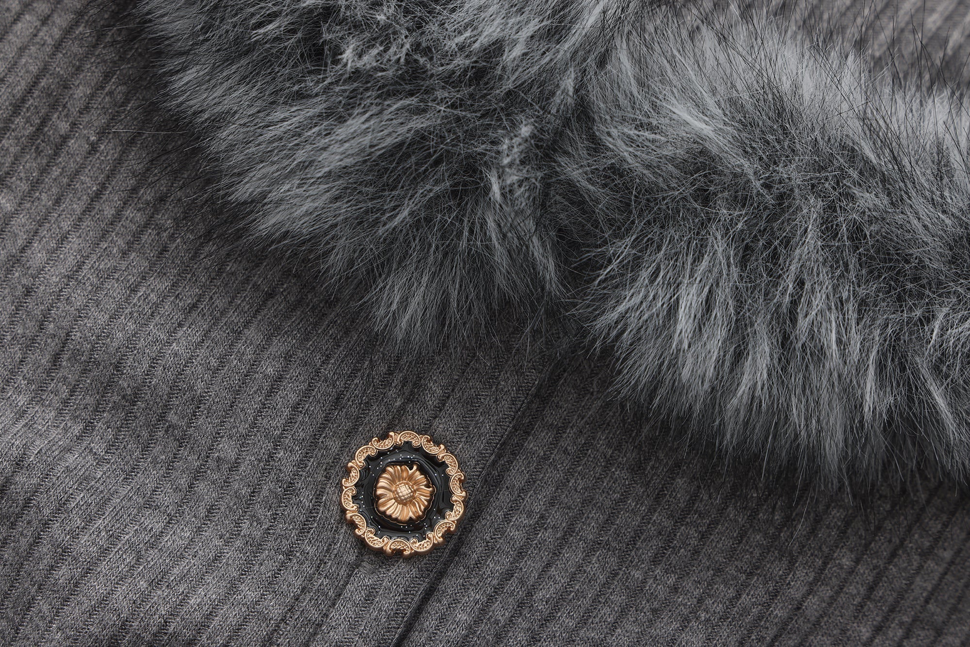 Grey Spliced Furry Collar Gold Button Cardigan