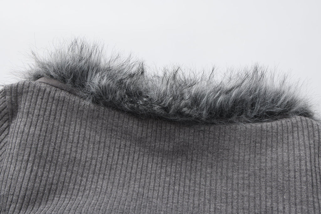 Grey Spliced Furry Collar Gold Button Cardigan
