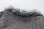 Grey Spliced Furry Collar Gold Button Cardigan