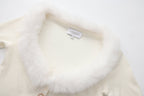 White Spliced Furry Collar Gold Button Cardigan
