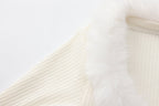 White Spliced Furry Collar Gold Button Cardigan