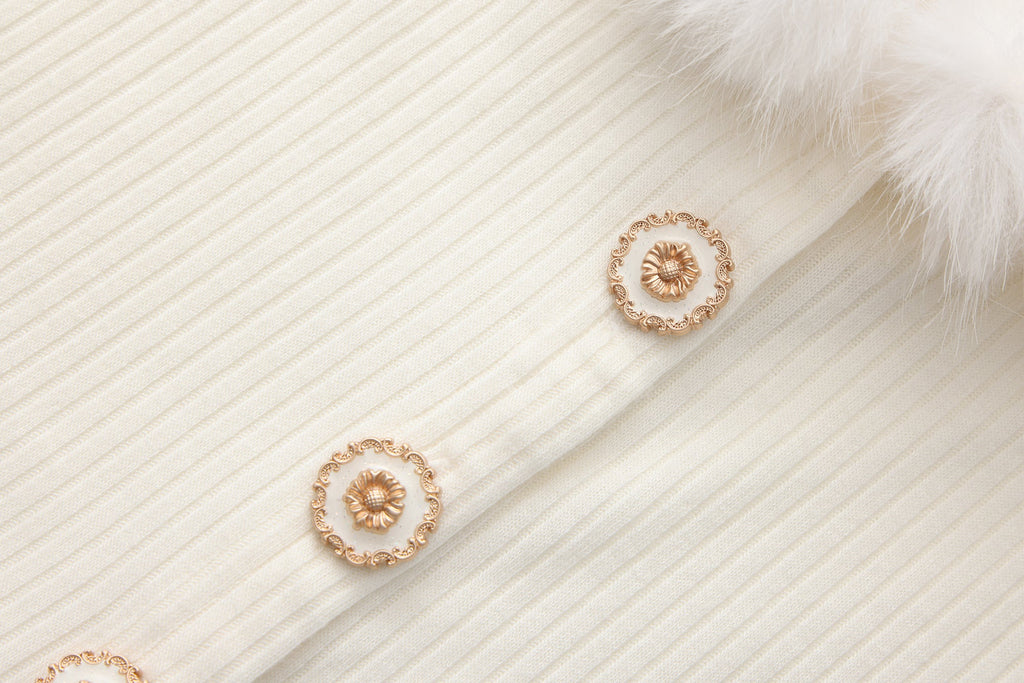 White Spliced Furry Collar Gold Button Cardigan