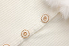White Spliced Furry Collar Gold Button Cardigan