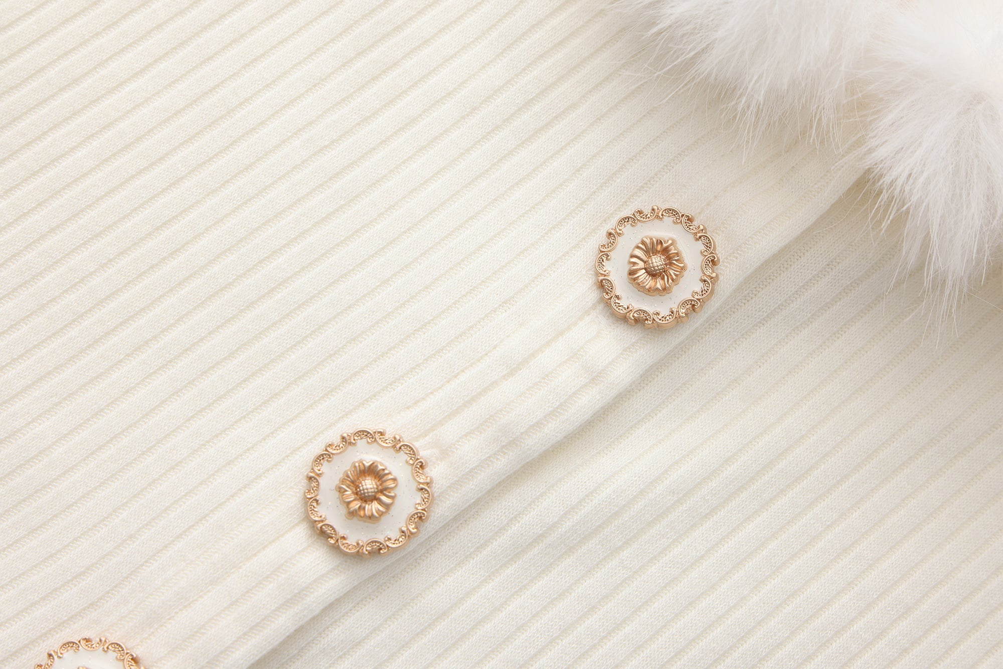 White Spliced Furry Collar Gold Button Cardigan