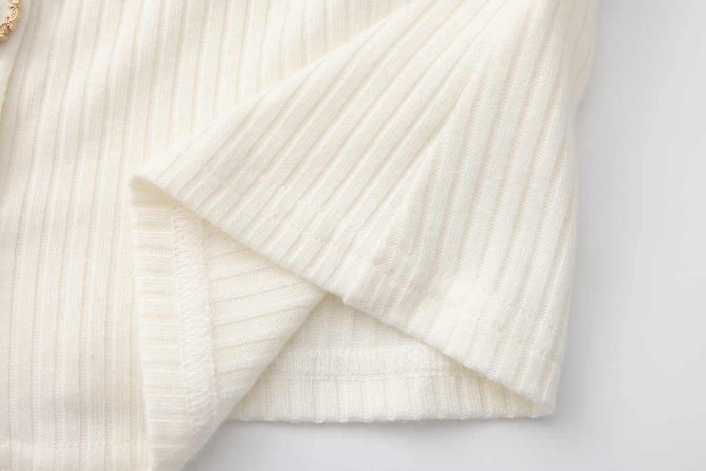 White Spliced Furry Collar Gold Button Cardigan