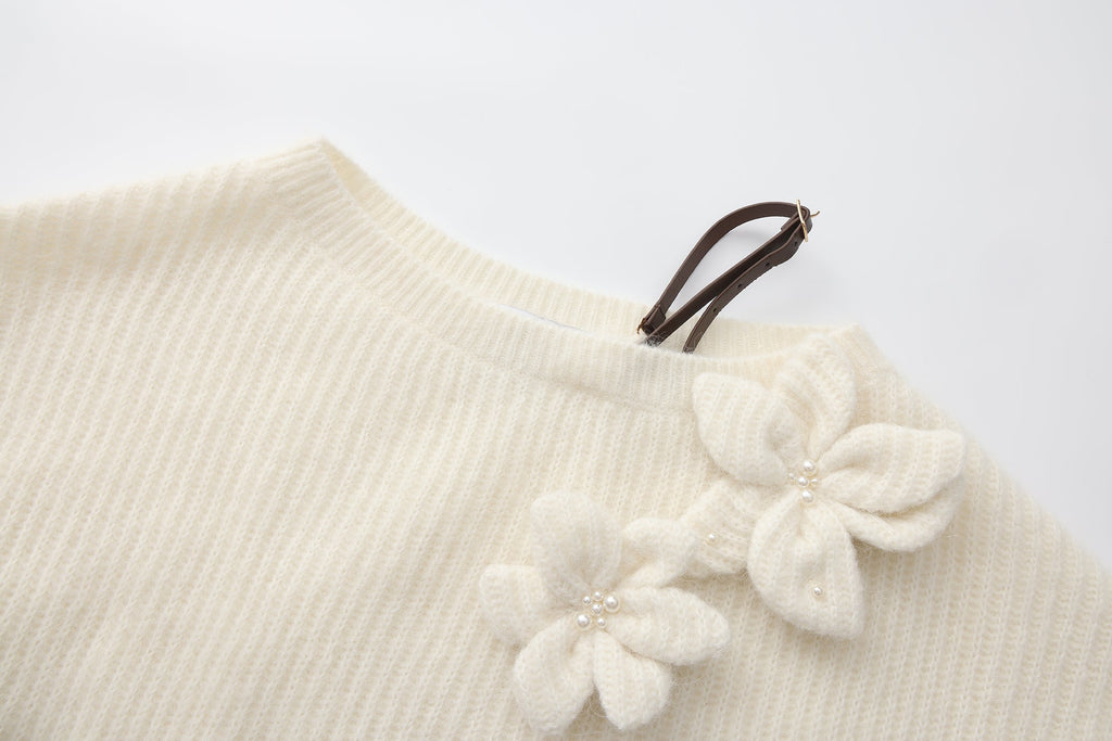White Off-Shoulder Leather Buckle Iris Pattern Sweater