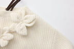 White Off-Shoulder Leather Buckle Iris Pattern Sweater