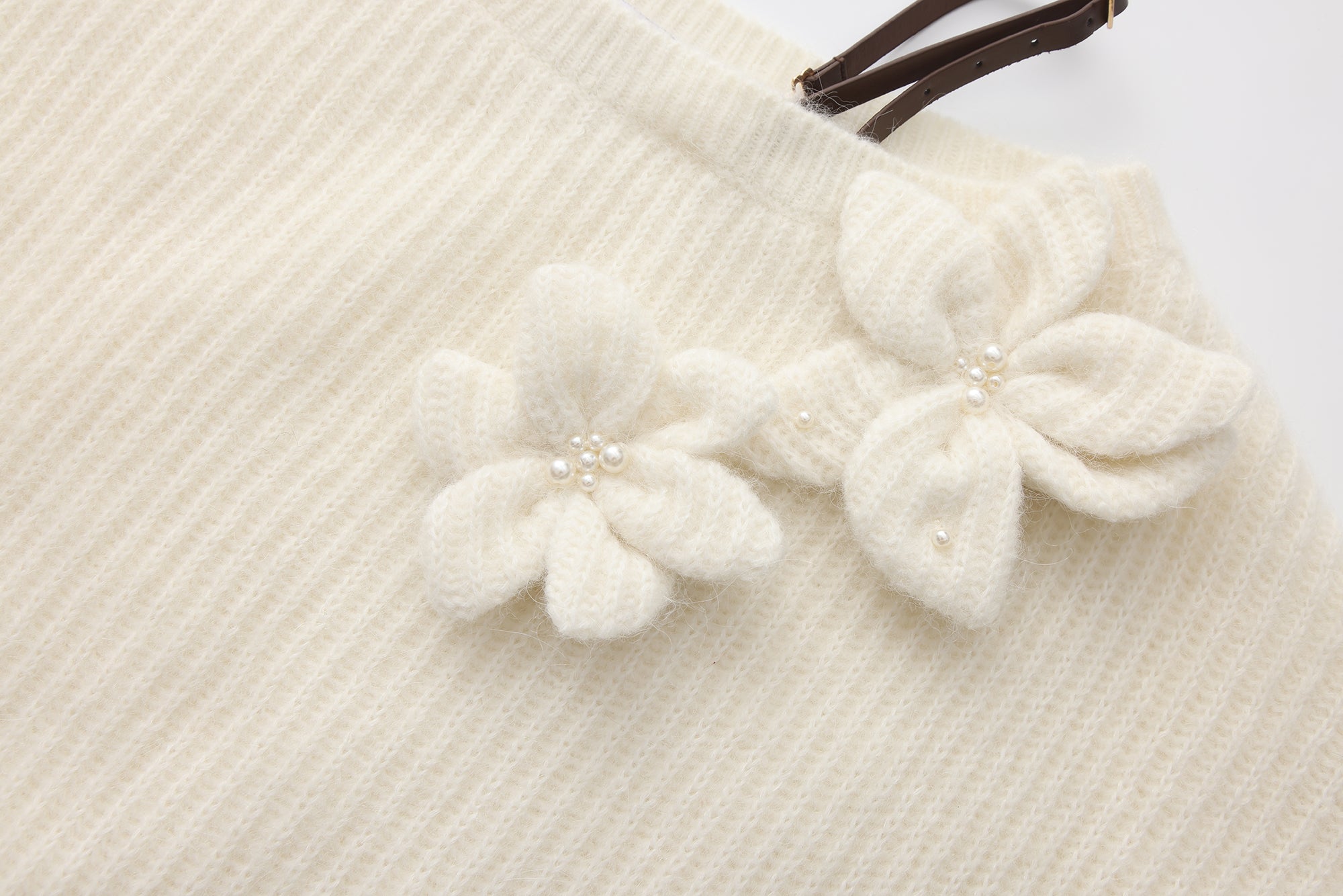 White Off-Shoulder Leather Buckle Iris Pattern Sweater