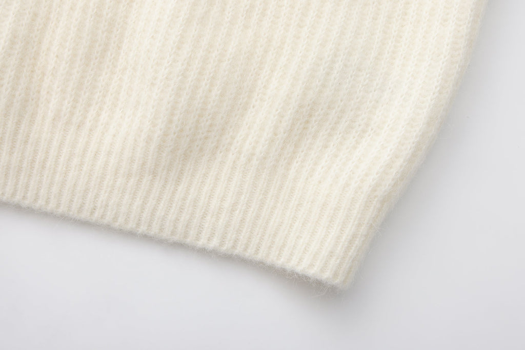 White Off-Shoulder Leather Buckle Iris Pattern Sweater