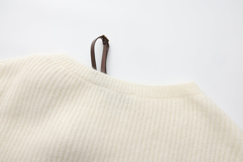 White Off-Shoulder Leather Buckle Iris Pattern Sweater