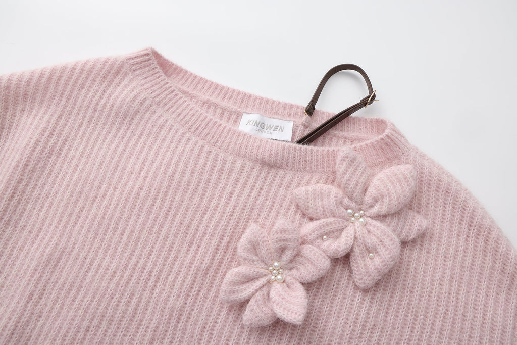 Pink Off-Shoulder Leather Buckle Iris Pattern Sweater