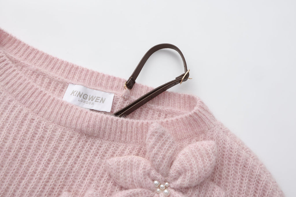 Pink Off-Shoulder Leather Buckle Iris Pattern Sweater