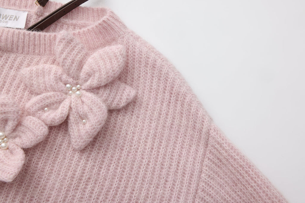 Pink Off-Shoulder Leather Buckle Iris Pattern Sweater