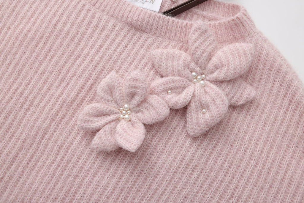 Pink Off-Shoulder Leather Buckle Iris Pattern Sweater