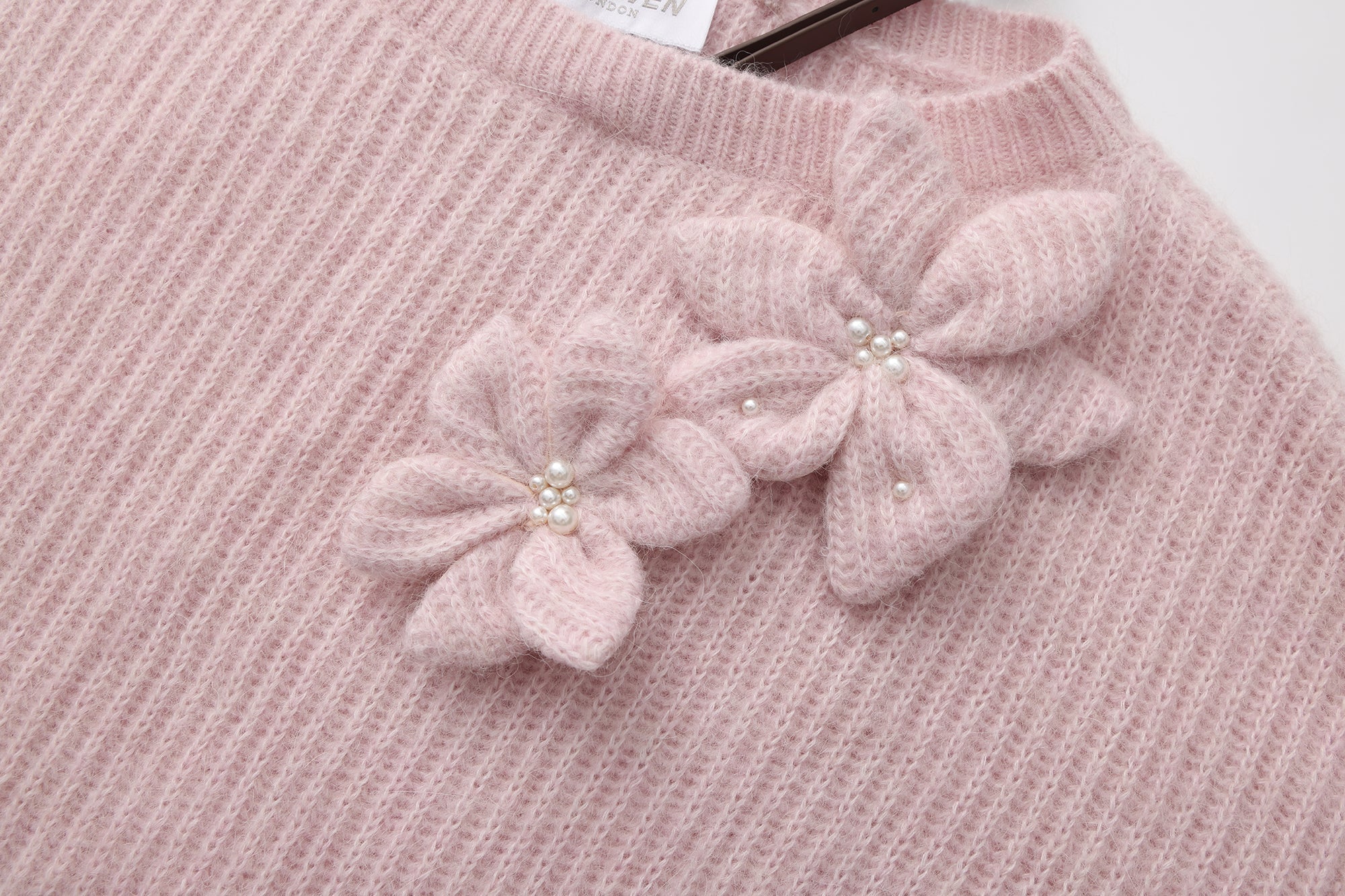 Pink Off-Shoulder Leather Buckle Iris Pattern Sweater