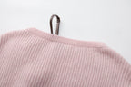 Pink Off-Shoulder Leather Buckle Iris Pattern Sweater